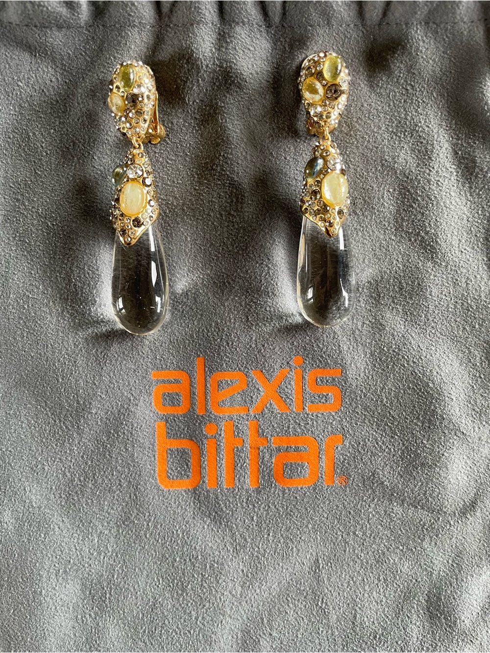 Alexis Bittar Modernist Gold Gem Encrusted Drop Clip Earrings